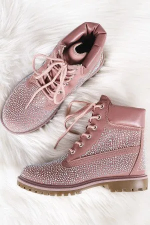 Bamboo Rhinestone Accent Lace Up Ankle Boots