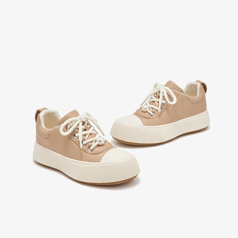 BeauToday Round Toe Womens Chunky Sneakers Lace-up Platform Sneakers with Delicate Pearl Embellishment