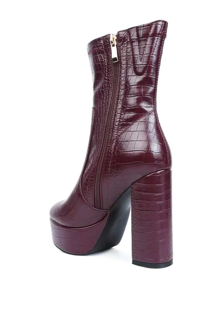 Croc-Patterned Chic Pointed Toe High Heel Ankle Boots